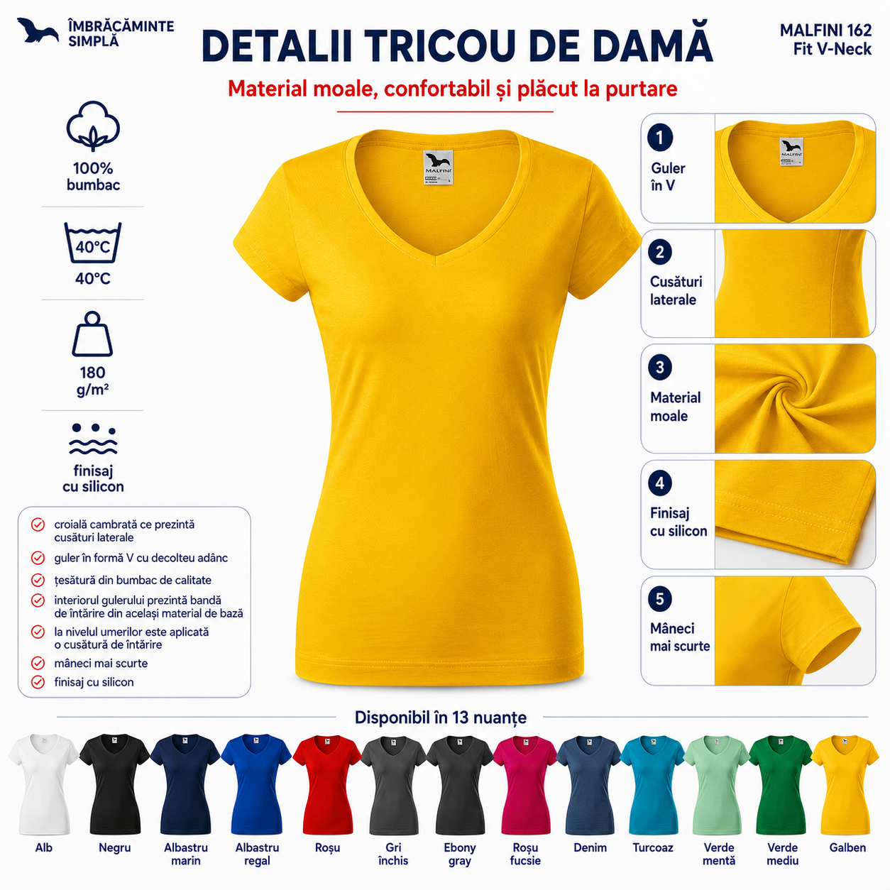Tricou damă Malfini 162 Fit V-Neck disponibil &icirc;n 13 culori